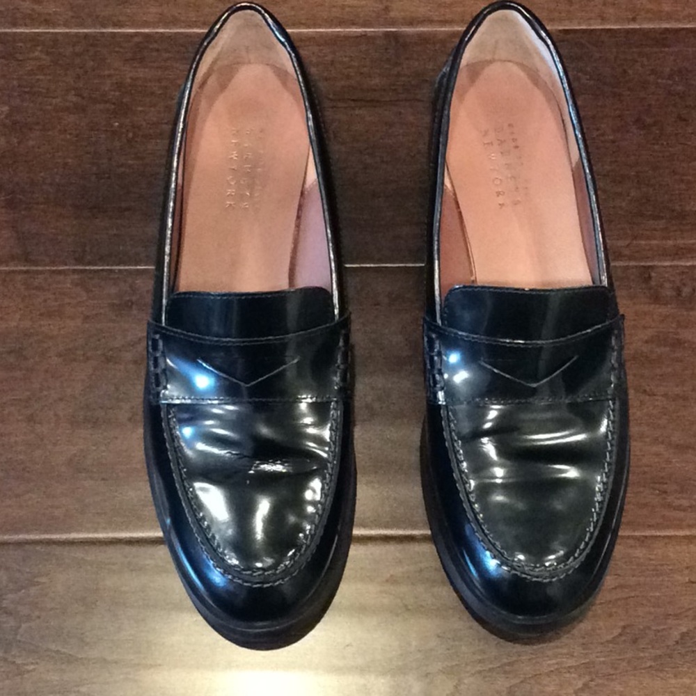 Black patent leather penny loafers